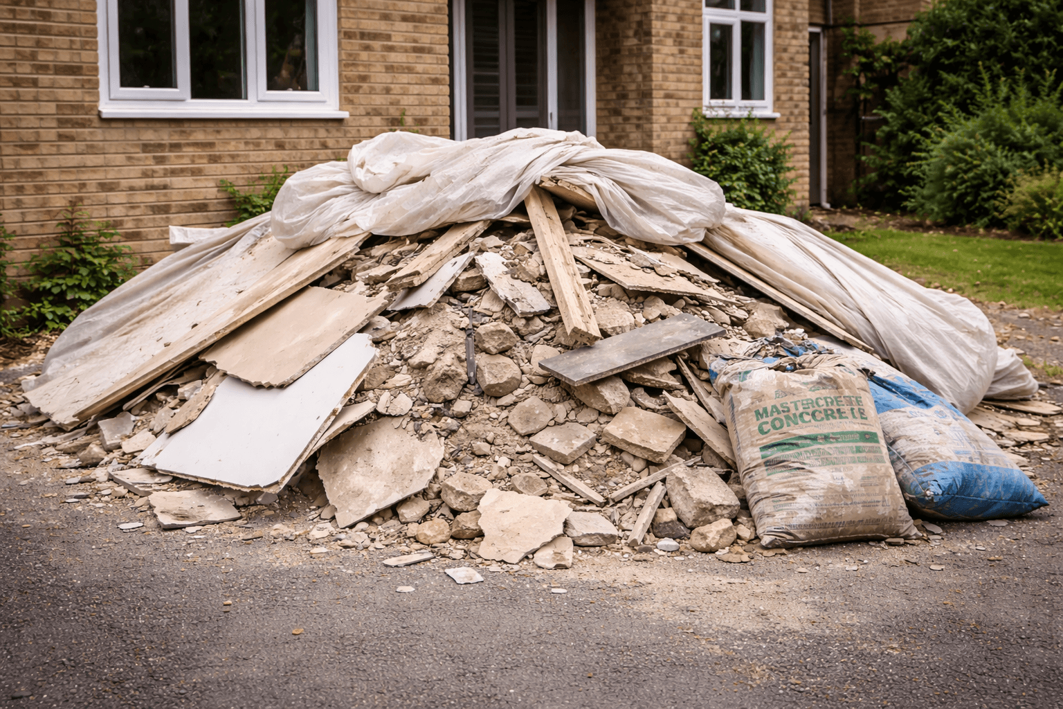 Pile of builders waste including rubble and plasterboard