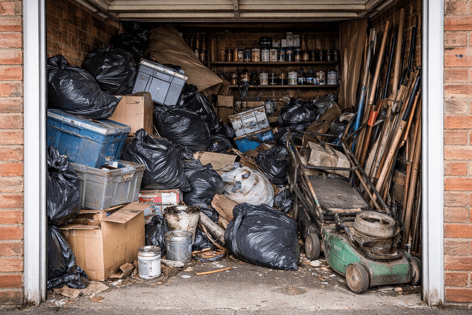 Cluttered garage ready for clearance