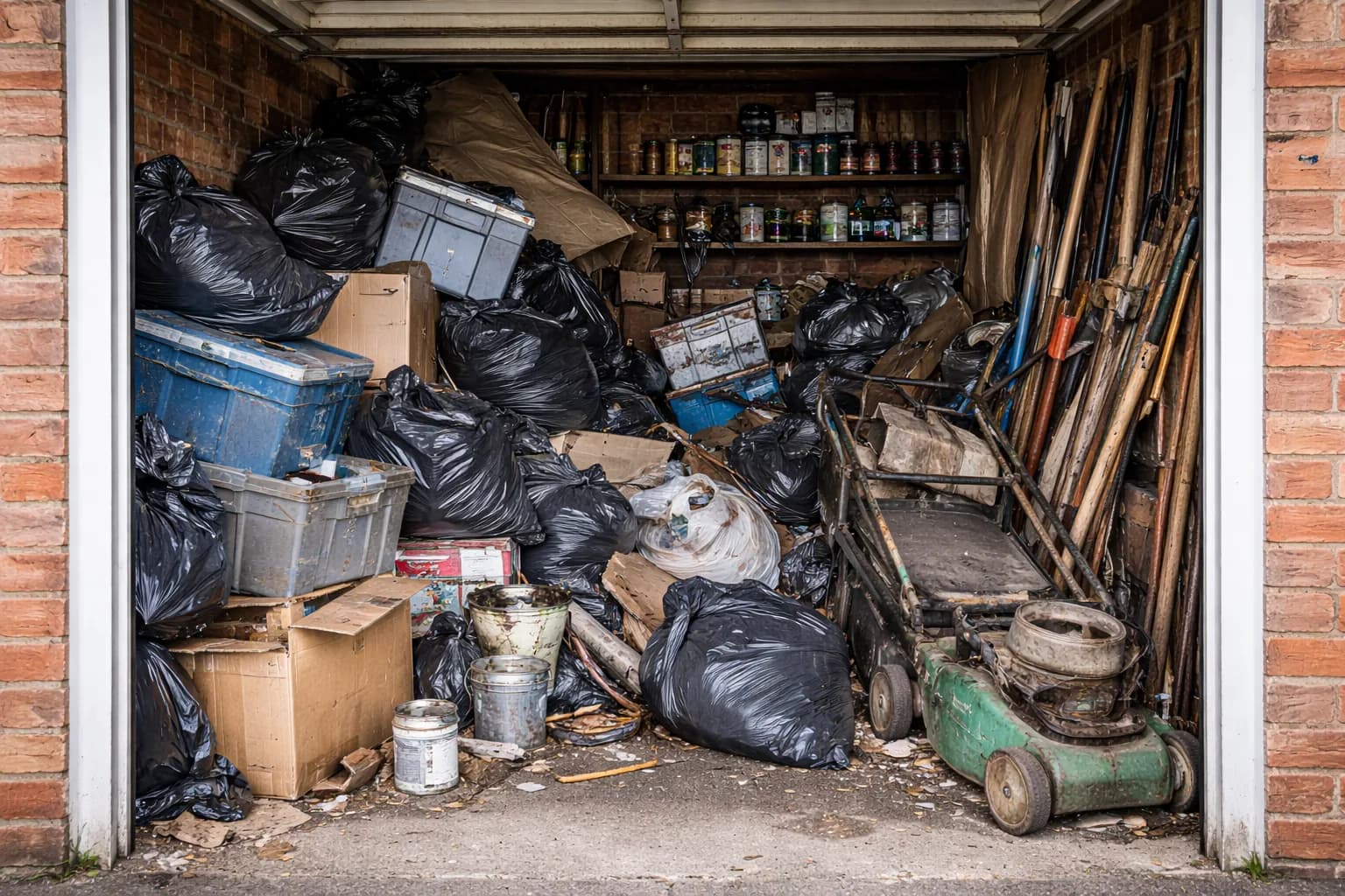 Garage stuffed with junk, bin bags, and old equipment