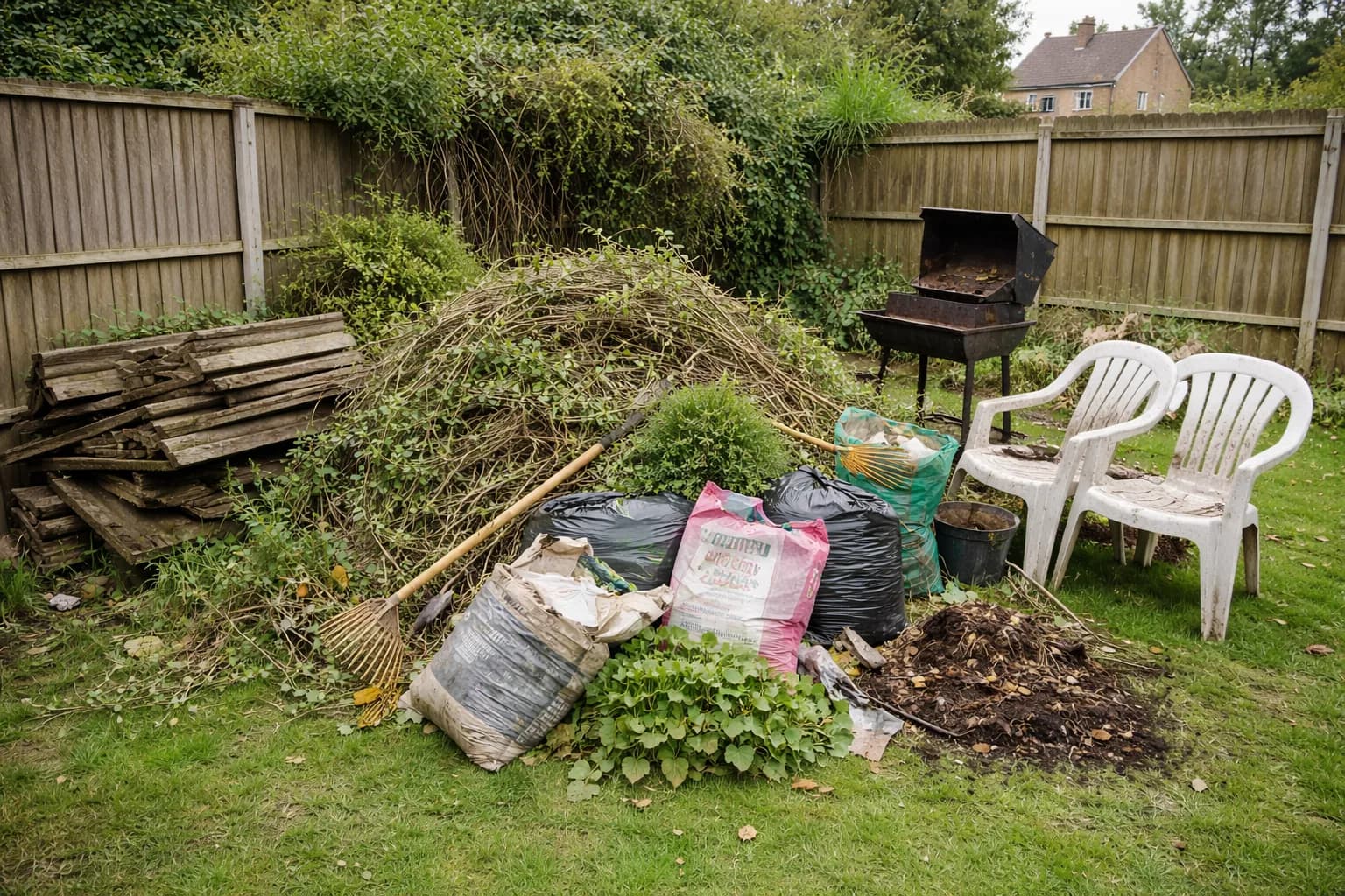 Garden full of green waste, old furniture, and bin bags