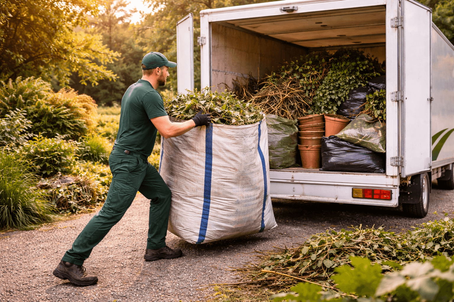 Worker loading garden waste into van