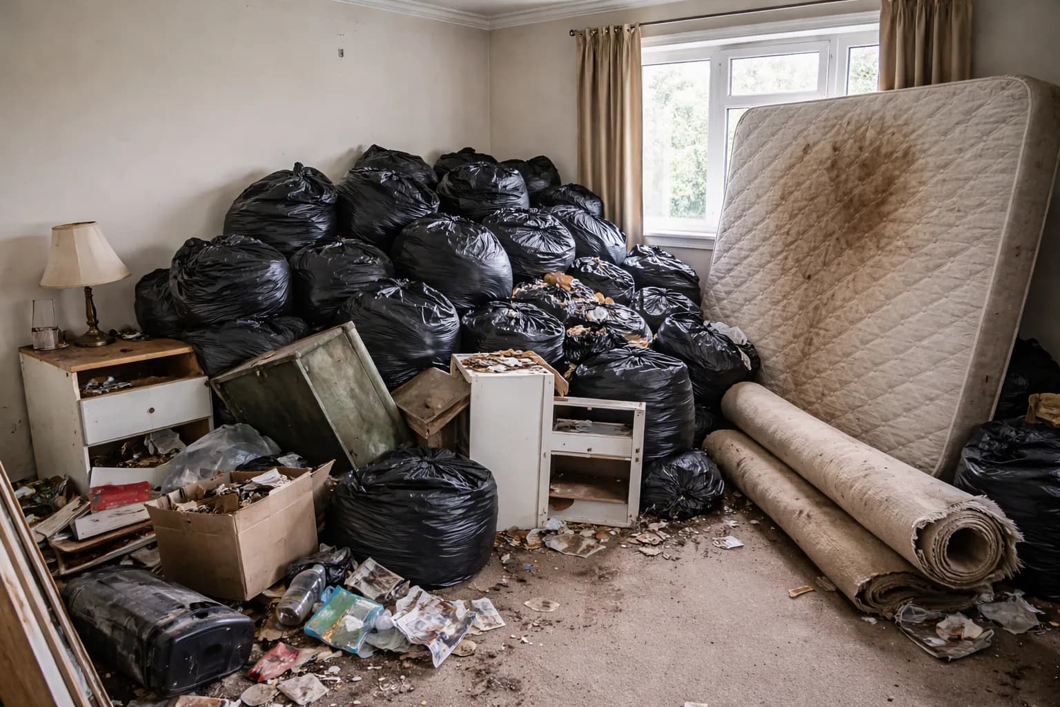 Room piled with bin bags, old mattress, and household rubbish