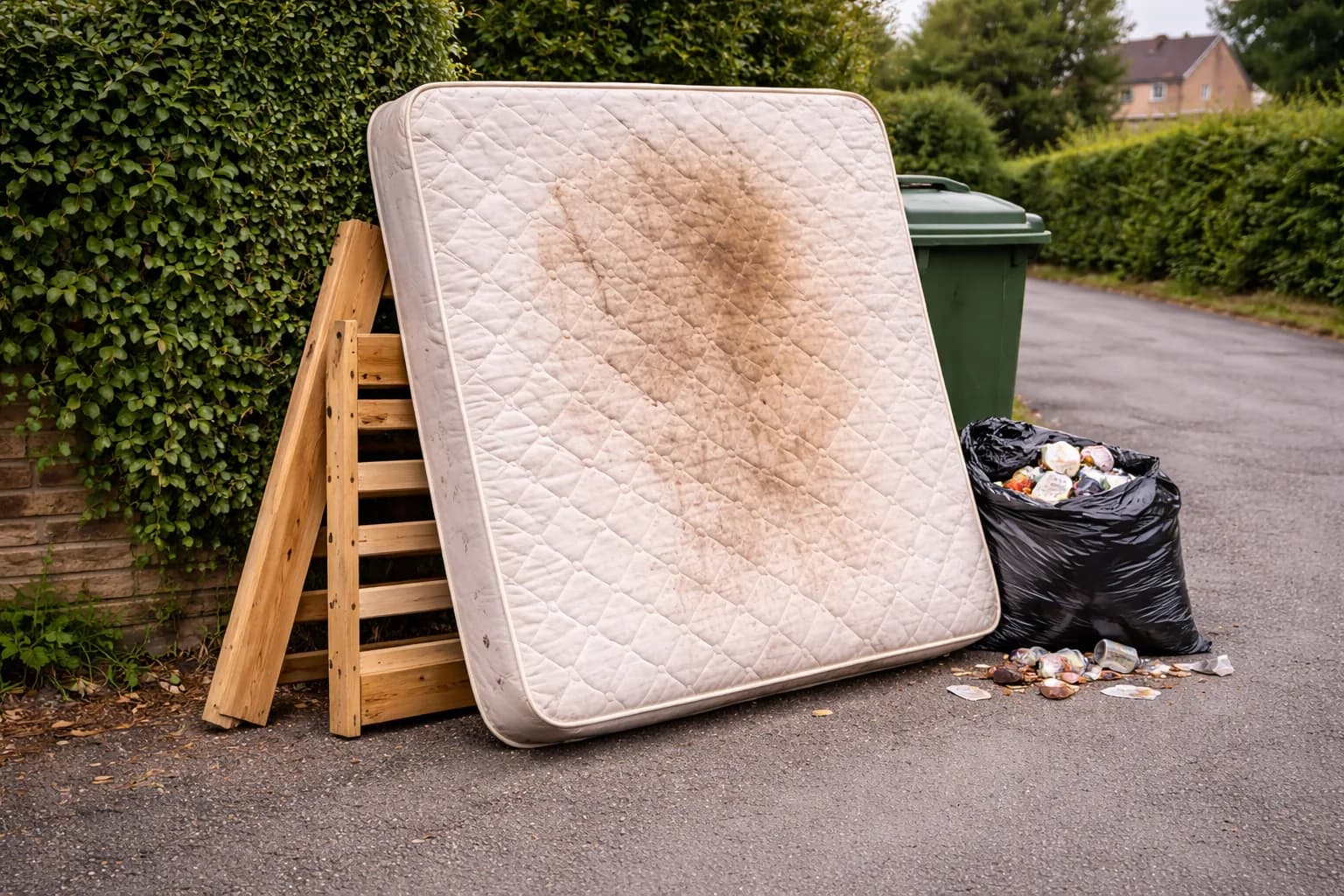 Old mattress and bed frame on driveway awaiting collection