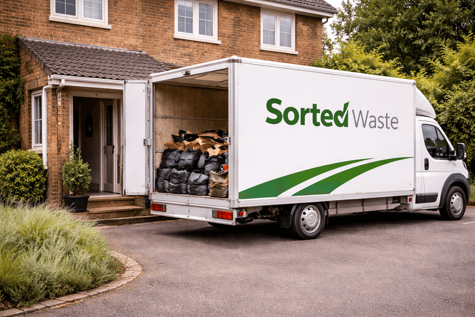 Sorted Waste van with open back full of waste on a residential driveway