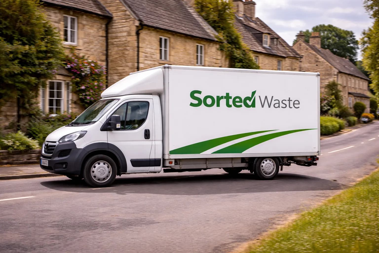 Waste clearance van outside Somerset stone cottages