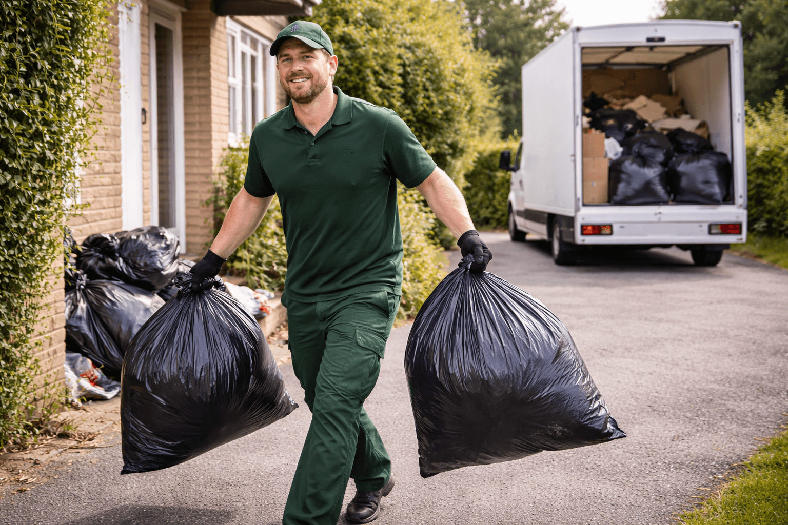 Sorted Waste worker carrying rubbish bags from a property