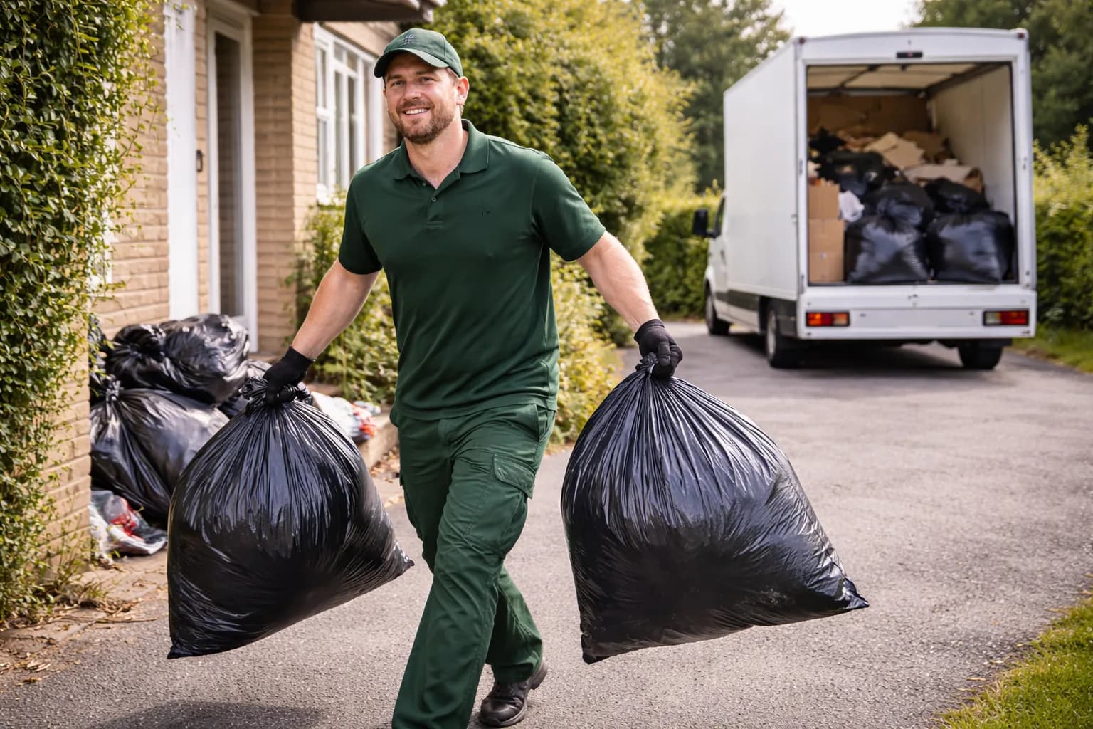 A local collection partner carrying rubbish bags from a property